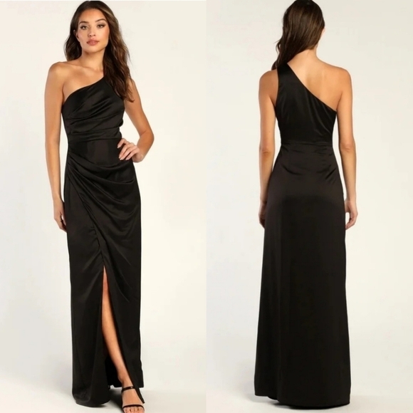 Lulus Dreaming of Elegance Black Satin One-Shoulder Maxi Dress Wedding Party - Picture 1 of 11